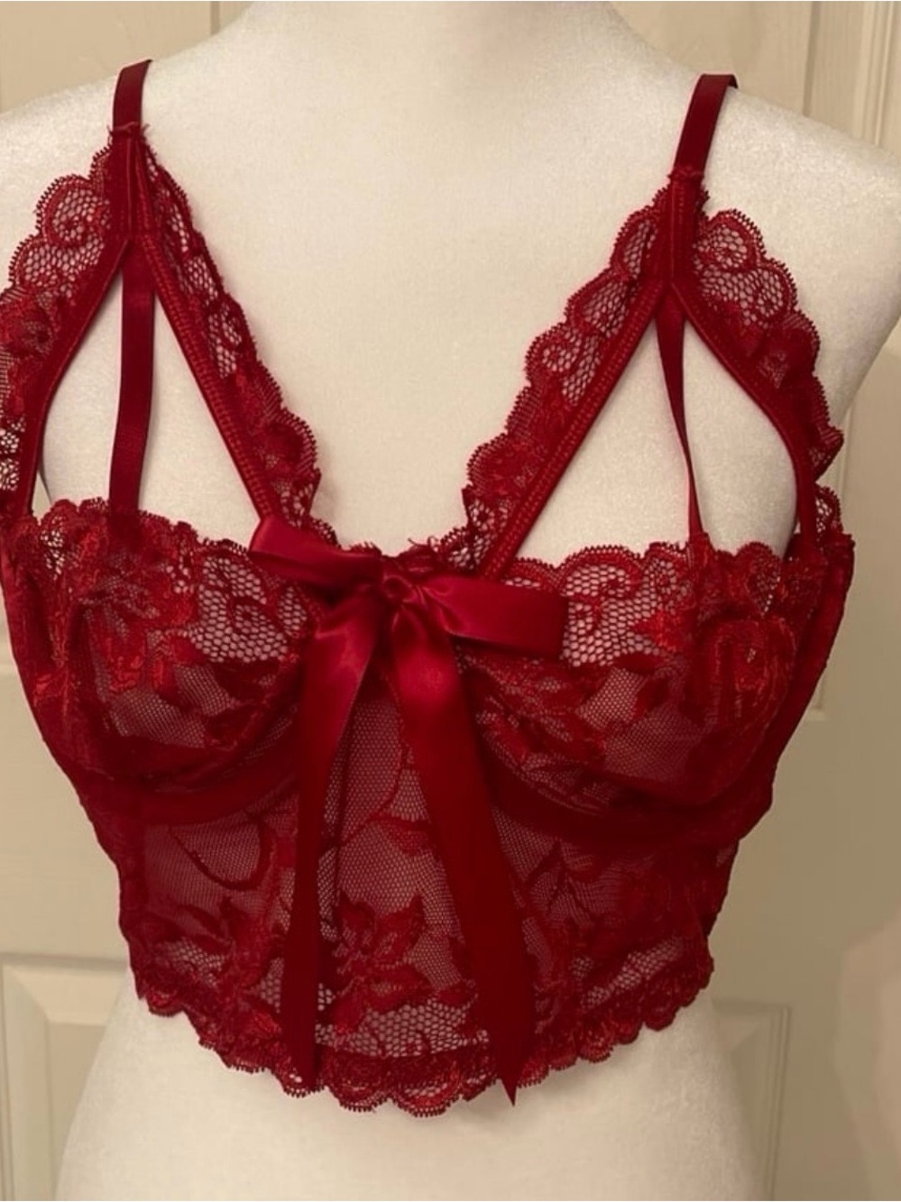 Red Lace Satin Bow Bralette Top - Women Intimates. 3 XL Underwire